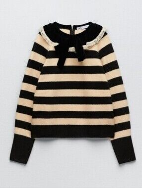 Zara Black Cream Striped Velvet Bow Collar Sweater Small Feminine Romantic